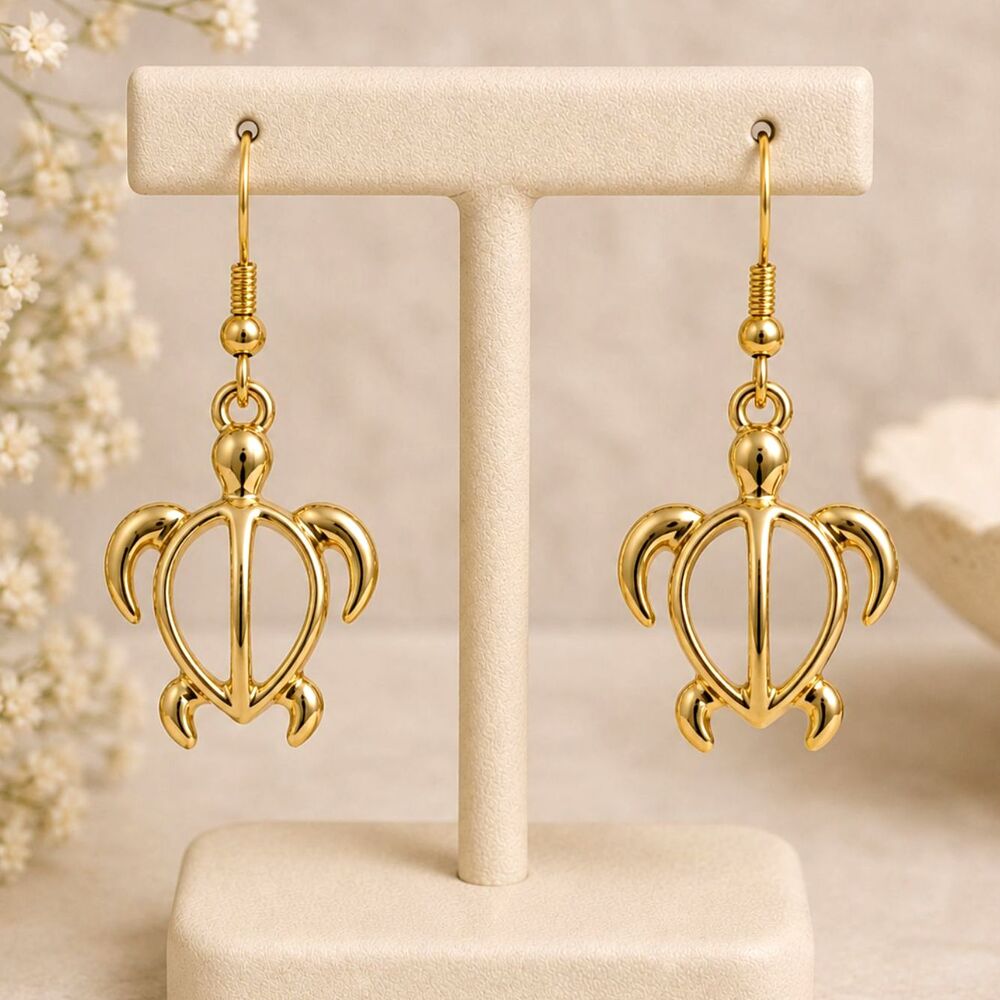 Gold Tone Sea Turtle Drop Earrings Dangle Pierced Jewelry